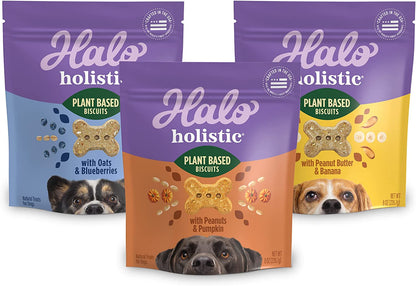 Holistic Vegan Dog Treats Variety Pack, Plant-Based Three Bag Treat Pack with Oats & Blueberries, Peanut Butter & Banana, Peanuts & Pumpkin, 8 Oz Bag(Pack of 3)